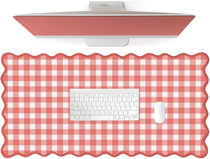 Scalloped‌ Checkered Gingham Desk Mat Cute Red XXL Large Mouse Pad Kawaii Cottagecore ‌Vintage‌ Rustic Girly Keyboard Computer Mat Pad Aesthetic Cozy Office Desk Decor for Women
