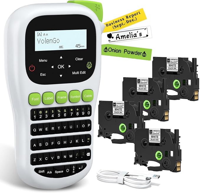H1100 Label Maker, Labeler Machine with 4 Tapes 12mm Laminated | Backlit Handheld Labeling Maker, Portable Label Printer for Home, Waterproof Removable Freezer Food-Labels for Jar/Containers