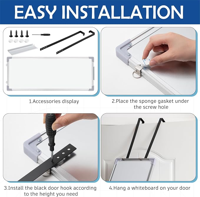 36 x 12 Inch Over the Door Whiteboard Hanging Dry Erase Board for Door 4 Adjustable Heights Aluminum Frame Small White Board for Dorm Home Office Cubicle Wall, Horizontal Vertical Installation