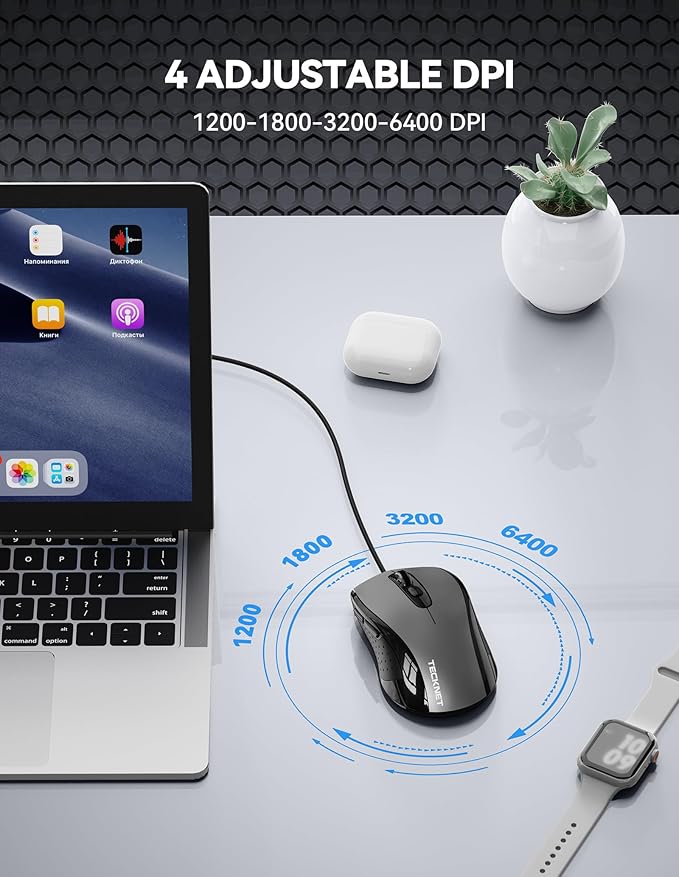 TECKNET USB-A Wired Mouse for Laptop Computer with 6-Button,Home and Office 5FT Corded Mouse, 3600DPI Ergo-Optic Shape PC Mouse Wired for Chromebook,PC,Desktop,Notebook- Grey