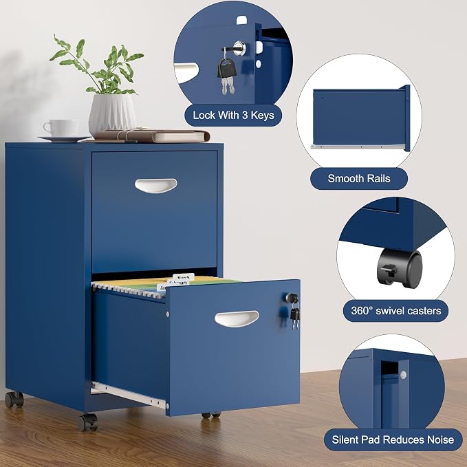 SteeLoong 2 Drawer File Cabinet,Metal Mobile File Cabinet with Lock Blue | Filing Cabinet with Wheel,Vertical File Cabinet for Home Office,Under Desk Rolling File Cabinets for Hanging Letter/A4