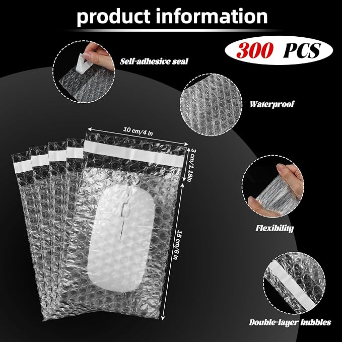 Frienda 300 Pcs Self Adhesive Bubble Bags Packing Pouches, 4" X 6" | Double Wall Clear Protective Wrap, Shockproof for Small Business Shipping Packaging, Cushioned Fragile Items Protection