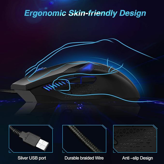 TECKNET Wired Gaming Mouse - 8000 DPI with 6 Adjustable Levels,6 Programmable Buttons & 6 Chroma RGB Backlit,Ergonomic Mice for PC/Mac/Laptop - Blue