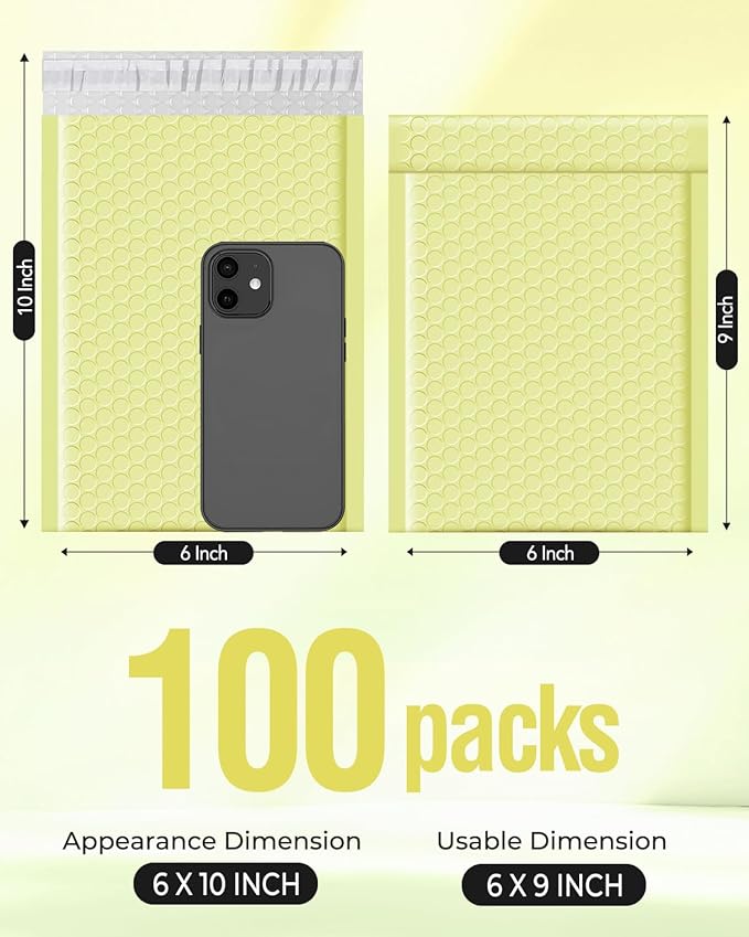 Metronic Bubble Mailers 6x10" 100 Pack Pale Yellow Self-Seal Padded Envelopes Usable Size 6x9" Waterproof Bubble Envelopes Bulk for Small Business Padded Mailers for Mailing Jewelry #0