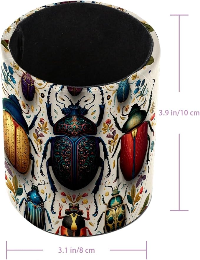 Leather Pen Holder for Desk, Circular Beetle Pencil Cup Pen Organizer Makeup Brush Holder for Office Home Kids Countertop Desk Accessory Storage