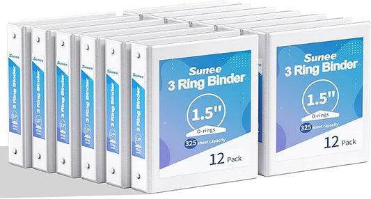 SUNEE 1.5 Inch Binders 3 Ring 12 Pack Bulk, PVC-Free Clear View 1 1/2 Inch Binders (Fits 8.5x11 Inches) for School, Office & Home Use, White