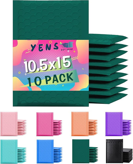 Yens Poly Bubble Mailers 10.5x16 10 Pack Green Waterproof Self Seal Adhesive Shipping Bags, Cushioning Padded Envelopes for Shipping, Mailing, Packaging Usable 10.5x15