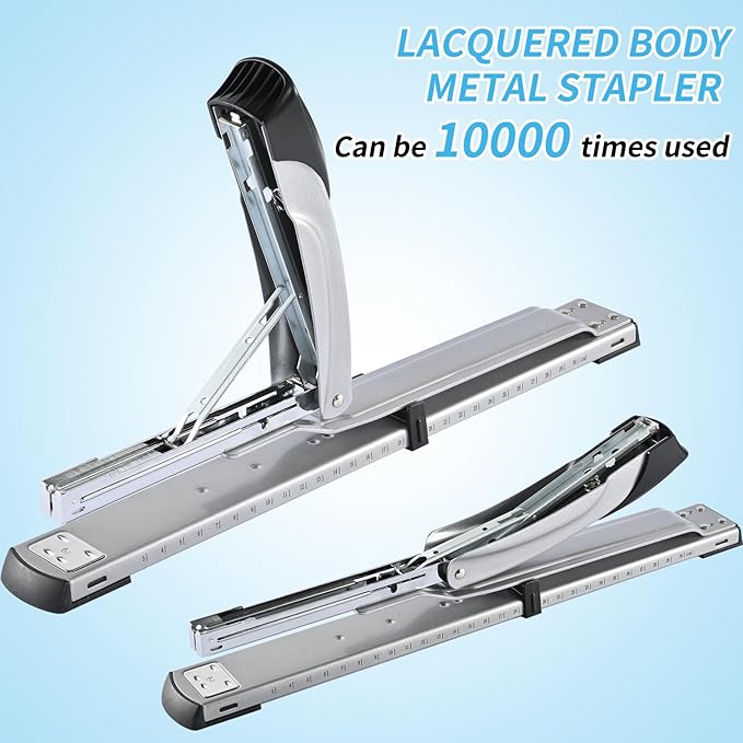 Long Reach Stapler,with 2000 Staples & Stapler Remover Full Strip，20-25 Sheet Capacity,with Built-in Ruler and Adjustable Locking Paper Guide, Silvery