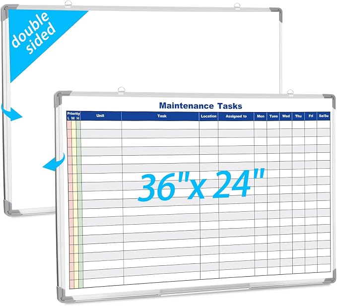 Double Sided Magnetic Maintenance Task Whiteboard Large Dry Erase 36 x 24 Inch Erasable Task Planner White Board for Wall Employee Assignment Tracker for Office Managing and Tracking Tasks
