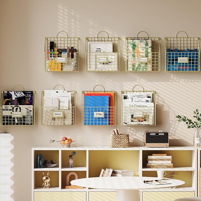 4 Packs Hanging Wall File Organizer with Hooks, Magazine Rack ,Mail Basket | Mesh Wall Mounted File Holder with Handles, Home Office Organization for Papers Folder Files, No Assembly Required, Gold