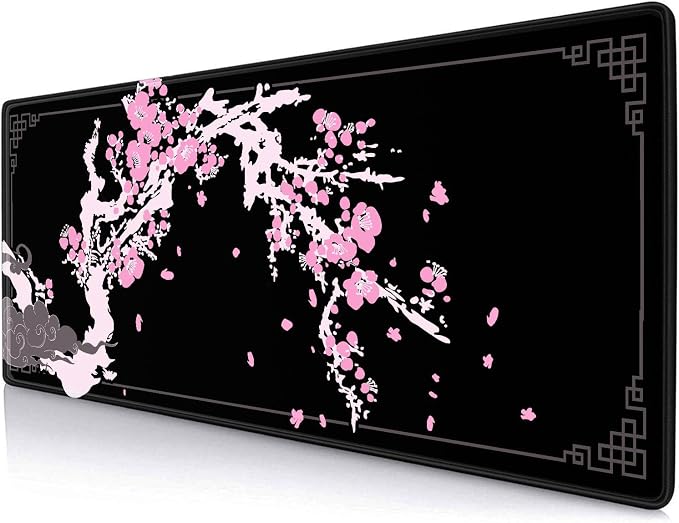 Japanese Pink Cherry Blossom Desk Pad, Black Long Mouse Pad Deskmat, Cute Desk Mat for Desktop, Women Computer Laptop Protector Writing Pads for School Office, 31.5 X 11.8 in- Sakura Flowers