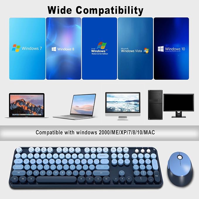 Wireless Keyboard Mouse, Cute Colorful 104 Keys Typewriter Blue | Full Size With Number Pad & Mouse,Compatible With All Windows,Ideal For Windows,1600DPI,Computer, PC, Notebook, Laptop
