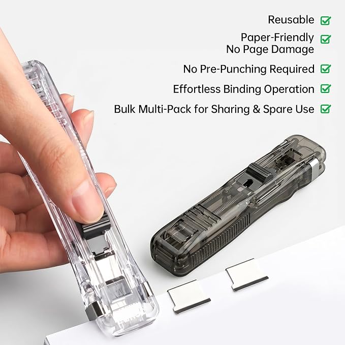6 Pcs Portable Binder Clip Stapler with 300 Reusable Clips, Mini Stapler | Damage-free, No-drilling, Reusable Clam Clip 6 Colors, Handheld Paper Clam Clip Dispenser for School Office Fixing Documents