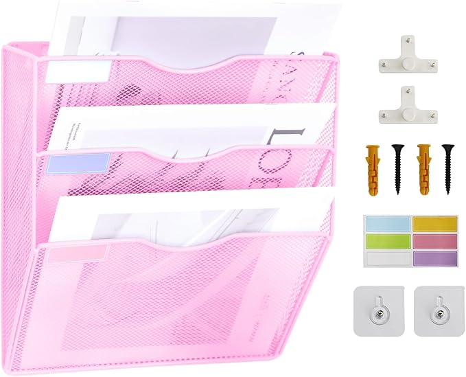 3 Pockets Mesh Wall File Holder Organizer Office Hanging File Folder Magazine Rack, Nametag Label Hooks Set Included (Pink)