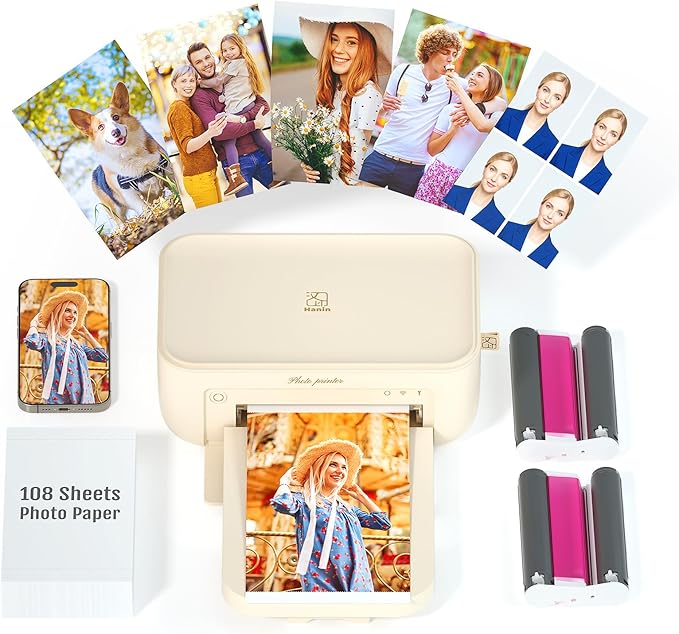 iDPRT 4×6 Photo Printer, Portable Color Picture Printer, Thermal Sublimation Mini Picture Printer, Bundle 108 Sheets Photo Paper & 2 Ribbon Cassette, Photo Printer for iPhone & Android