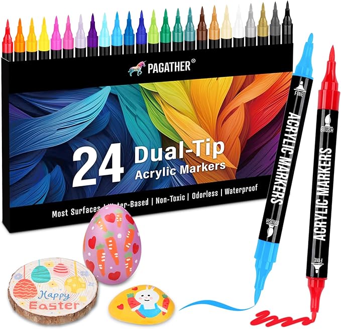 24 Colors Acrylic Paint Markers, Dual Tip with Fine Tip and Brush Tip Pens for Stone, Wood, Calligraphy, Canvas, Ceramic, Metal, Glass, Rock Painting, DIY Crafts