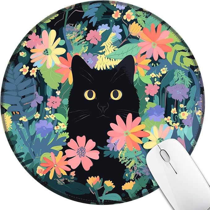 Hancynir Black Cat Round Mouse Pad, Small Mousepad for Laptop Desk Office | Mouse Mat for Computer, Non-Slip Rubber Base, Office Desk Decor, Gifts for Work Coworker Teacher, 8.6 Inch, Stitched Edges