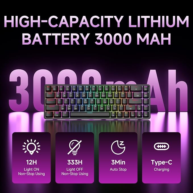 DIERYA DK68 60% Wireless Mechanical Gaming Keyboard, 3-Mode, Bluetooth 5.0/2.4G/USB-C, RGB Backlit, 68-Key Compact Mini for Windows, Mac, Linux - Clicky Blue Switch - Black