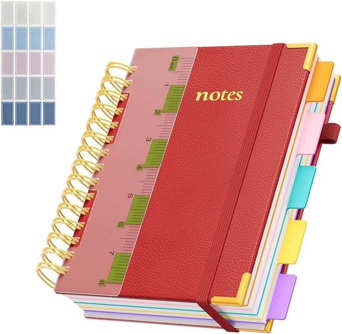 XYark A5 Hardcover Spiral Notebook, 6.3"x8.5" College Ruled Notebooks with Removable Dividers Tabs & Ruler, 5 Subject Notebook 300 Pages, Small Lined Journal for Women Men School Work Office, Red