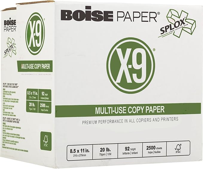 Boise X-9 Multi-Use Copy Paper, 8.5" x 11" Letter, SPLOX (Easy Carry Box), 92 Brightness, 20 lb, Reamless (2500 Sheets)