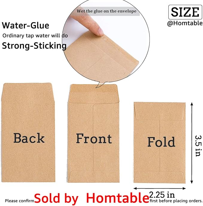500 Pack Small Coin Envelopes Kraft Paper 2.25"×3.5" | Self-Adhesive, Seed Envelopes, Mini Parts & Small Items Storage Packets, For Garden, Office or Wedding Gift