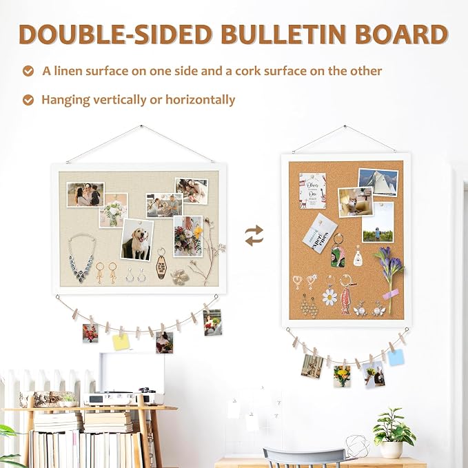 Double-Sided Wood Framed Cork Board with Linen, 24" x 18" | Hanging Large Bulletin Board, Picture Display Vision Board Kit Corkboards for Wall Room School Office Decor, 20 Pushpins