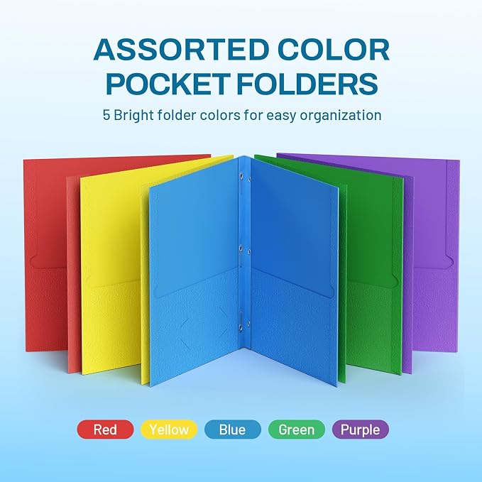 SUNEE Folders with Prongs, 5 Pack Paper Pocket Folders, Folders with Pockets and Prongs Fit Letter Size Paper, 5 Assorted Colors for School Office Home Business