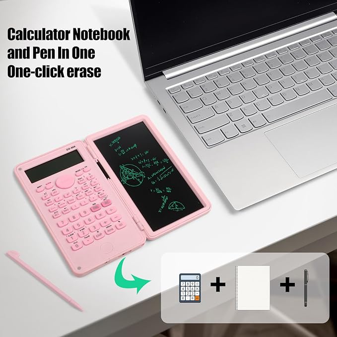 Scientific Calculator with LCD Writing Tablet Notepad, 240 Functions Foldable Math Calculator, Dual-Line 10+2 Digit Large Display, Portable for High School College Office(Pink)