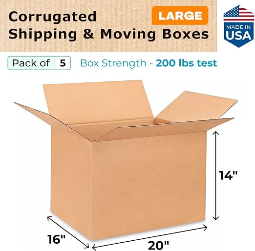 Large Shipping & Moving Boxes 20 x 16 x 14 inches (5-Pack) - Extra Strength 200 lb vs Regular - Corrugated Strong Shipping Boxes for Delivering - Box for Moving - Corrugated Box by IDL Packaging | Extra Strength 200 lb vs Regular - Corrugated Strong Sh...