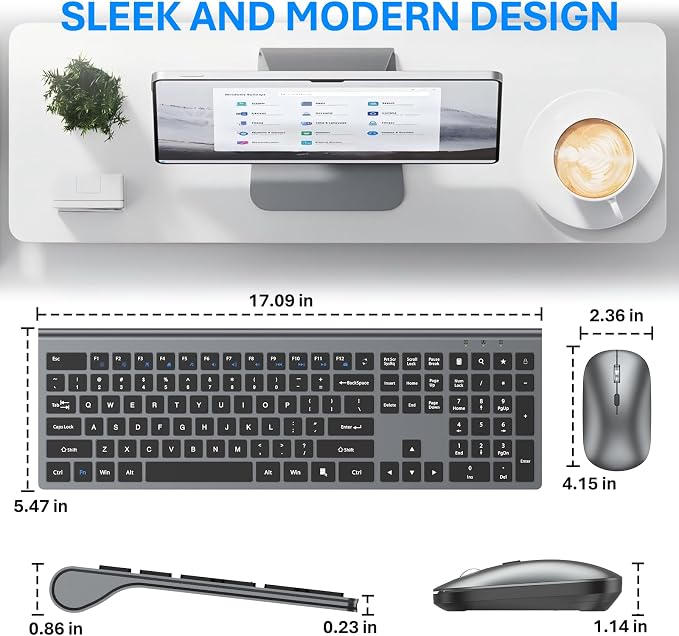Wireless Keyboard and Mouse Combo, Ultra Slim Full Size Silent Keyboard | Scissor switch keys, quiet typing and clicking, 3 DPI adjustable mouse, 2.4GHz USB, for Computer,Windows, Mac, Laptop, PC