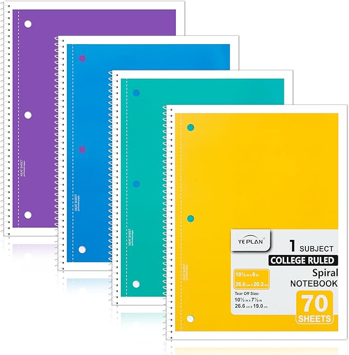 Yeplan Spiral Notebooks 4 Pack, College Ruled Notebook Paper, 1 Subject Notebook for School & Work, 8" x 10-1/2", 70 Sheets per Notebook, 4 Assorted Colors