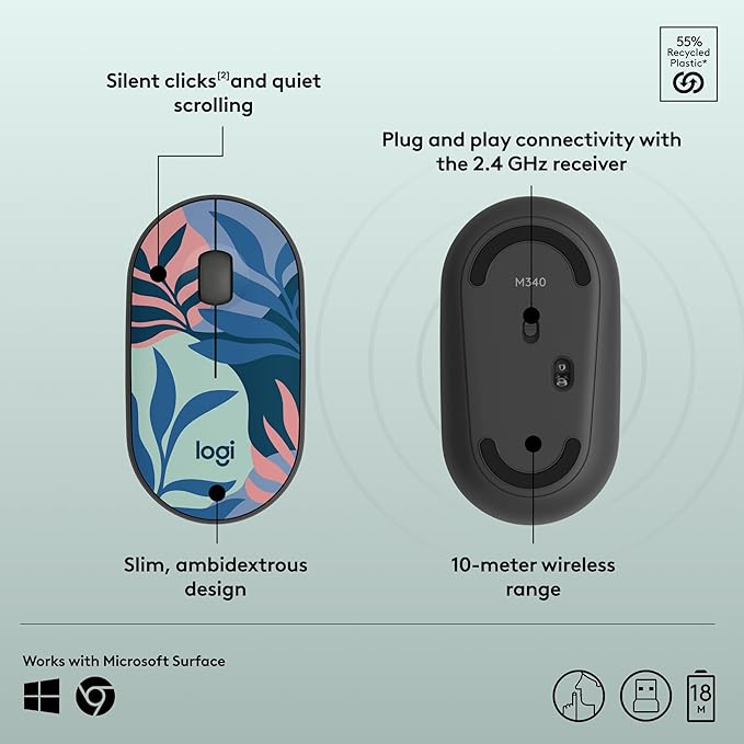 Logitech M340 Wireless Mouse with Limited Edition Prints, USB Receiver and Silent Clicks, Portable Wireless Mouse for Laptop, PC, Windows, Chrome, Surface – Floral Leaves