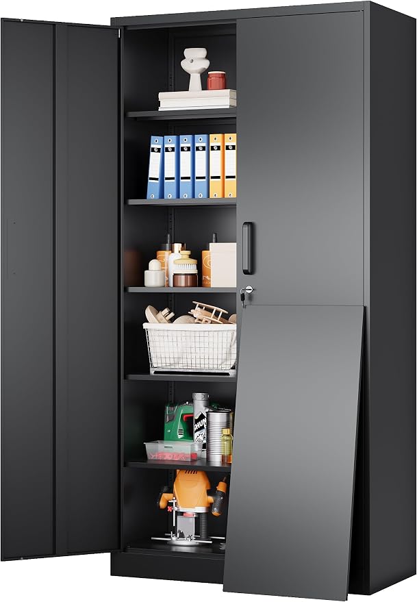 Wide & Deep Metal Storage Cabinet with 2 Doors and 5 Adjustable Shelves,72x36x18 Garage Storage Cabinet,Tall Black Locking Metal Cabinets with Lock,Steel Locked Cabinets for Home,Office,Garage