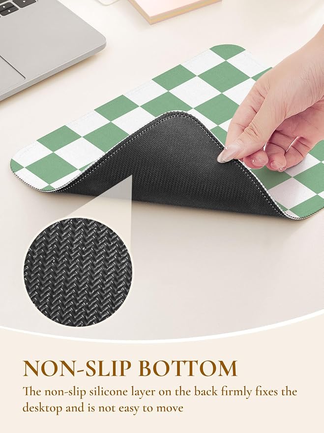 Square Cute Checkered Mouse Pad with Stitched Edge, Premium Waterproof Cloth Aesthetic Small Plaid Mouse Mat, Non-Slip Rubber Base Funny Mousepad Desk Accessories,Checkerd Green White