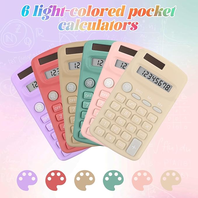 48 Pcs Pocket Size Basic Calculators Bulk for Classroom Solar Battery Dual Power Display Calculator 8 Digit Colored Basic Calculator for Kids Student School Office