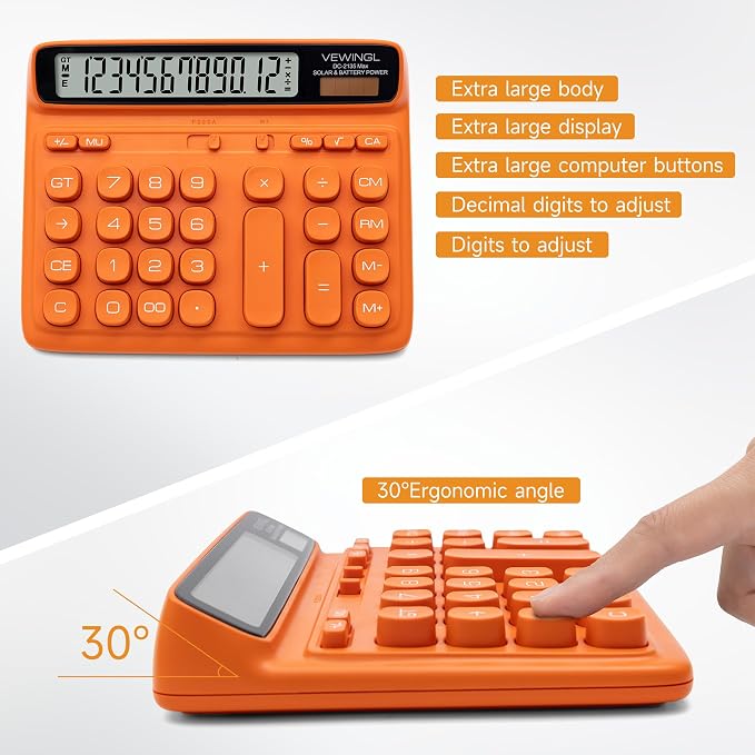 VEWINGL Office Desktop Calculator, 12-Digit Large HD LCD and Big Buttons | Solar and Battery Power with GT, MU, %, Square Root, 00 Key and Decimal Settings for Accounting, Business, School, and Home