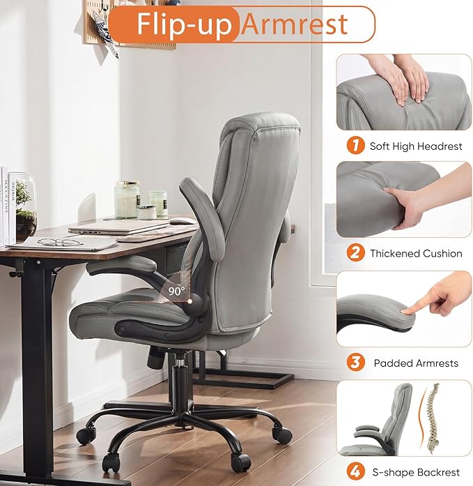 Sweetcrispy Office Computer Gaming Chair Set of 2, Ergonomic High Back Heavy Duty Task Desk Office Chairs with Wheels, Flip-up Arms, Adjustable Height, PU Leather, Grey