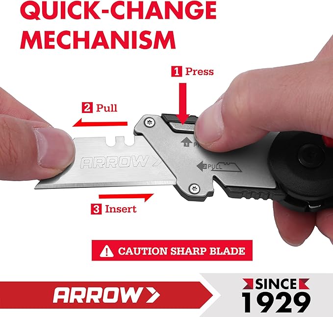 ARROW Utility Knife, Speed Release Folding Knife with Blade Storage Design, Quick Change Box Cutter with Belt Clip and Landyard Hole, Extra 13 Pieces SK2 Blades Included