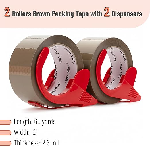 Mr. Pen- 2 Rolls Packing Tape with 2 Dispensers, 2” Wide, 60 Yards, Brown Packing Tape Heavy Duty for Mailing, Moving Boxes and Packaging