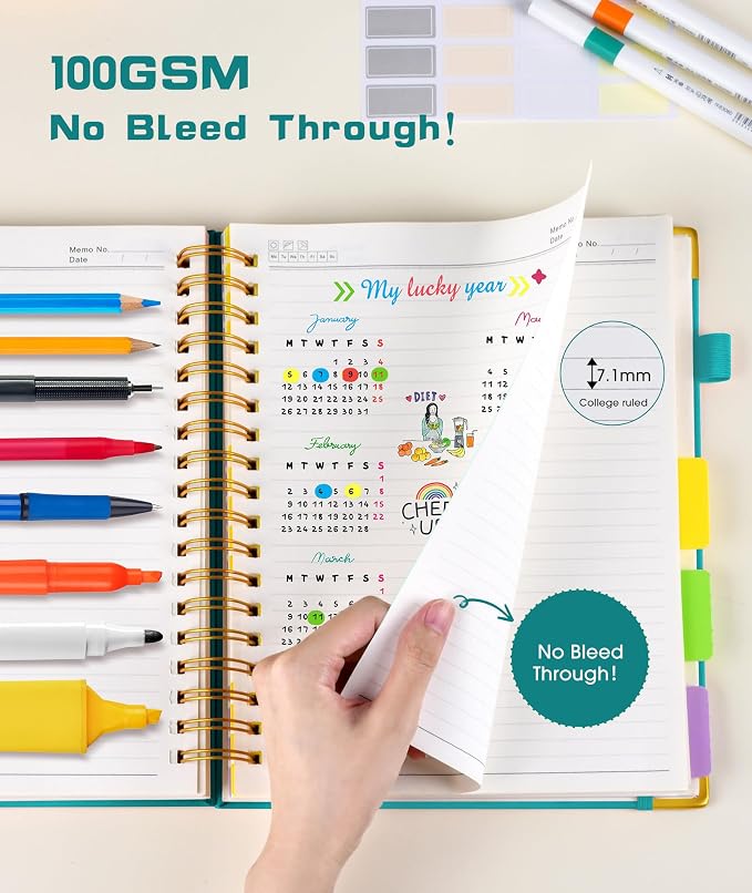 Hardcover Spiral Notebook Journal with Removable Dividers Tabs, 300 Pages Leather 5 Subject Notebook College Ruled, 8"x10" Large B5 Notebooks for Work School Note taking, Lined Journal for Women, Blue