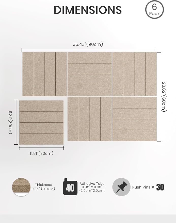 Bumusty 36" x 24" Large Cork Board Alternative, Taupe | 6-Pack Felt Bulletin Board Tiles, 60 Adhesive Tabs, 30 Pushpins, Home, Office, Classroom, Vision Board