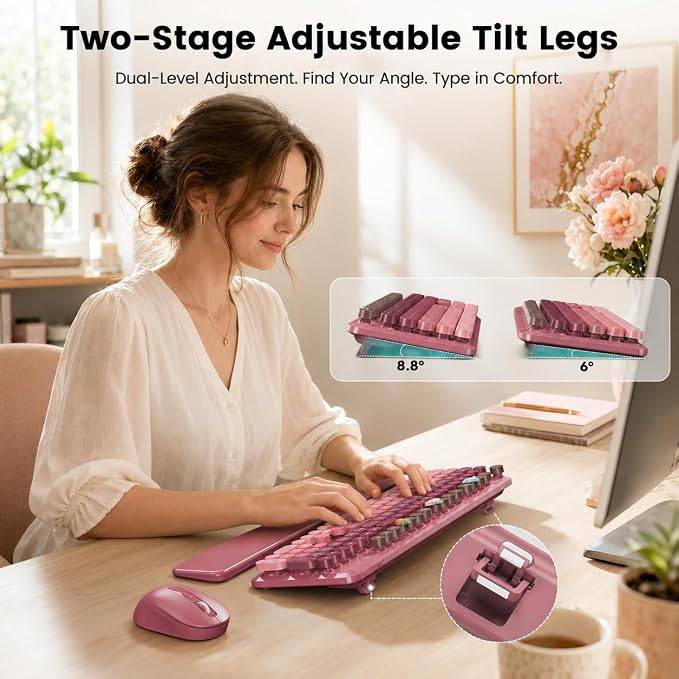 Wireless Keyboard and Mouse Combo, Round Keycaps, Full-Size Retro Typewriter Keyboard with Magnetic Wrist Rest, Tilt Legs, 2.4GHz Cordless for Mac, Windows PC, Laptop, SABLUTE CK23, Dusty Rose Ombre
