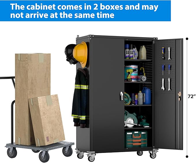 Aobabo Upgraded Wide & Deep Garage Storage Cabinet with Wheels, Metal Storage Cabinet with Door Pegboards and 2 Rod for Garage Home Storage (Black, 43.3''W x 21.9''D x 72''H),Required Assembly