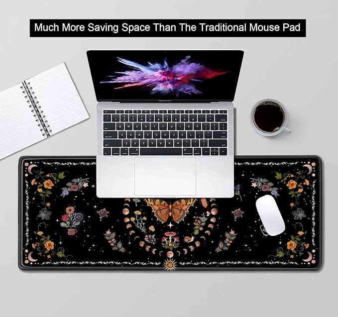 Gothic Moth Desk Pad Mat, Black Orange Large Mousepad, Moon Phases Desk Matt for Desktop, Suitable for Work, Gaming, Office, Home, Computer Accessories, 31.5 X 11.8 in, Floral Plant Aesthetic