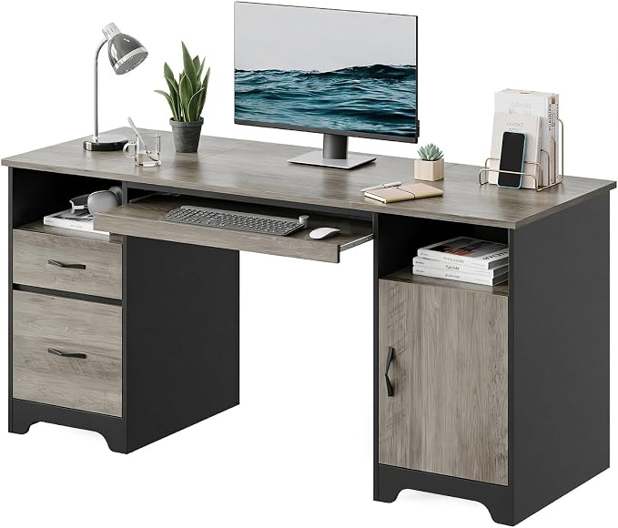 Bestier 59" Executive Desk, File Drawer, Keyboard Tray & 2 Drawers, Gray | File Drawer For Letter/A4/Legal Folders, 2 Storage Drawers, Keyboard Tray, Cable Management, 200 LBS Capacity, Wood Finish