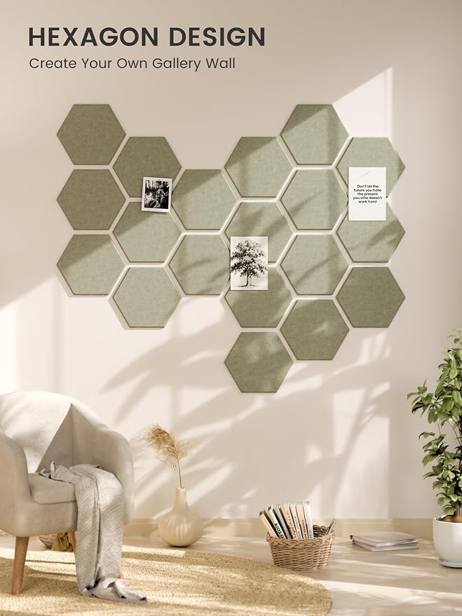 Fluxynara 12-Pack Hexagon Felt Bulletin Board Tiles, Sage | Cork Board Alternative with 60 Adhesive Tabs for Notes, Photos and Reminders in Home Offices, Dorm and Classrooms