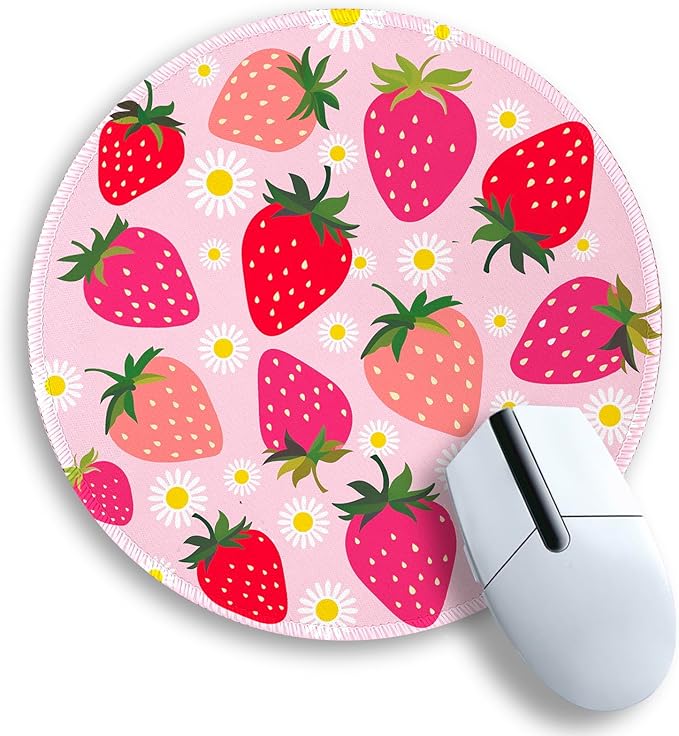 Gctriki Strawberry Mouse Pad, with Stitched Edge Non-Slip Rubber Base, Small Round Comfortable Computer Mousepad for Laptop Gaming Work, Pink Office Desk Accessories - Valentine's Day Gift for Her