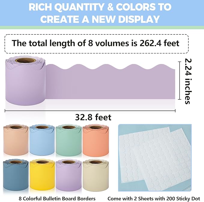 Bulletin Board Borders, 8 Rolls 262.4 Ft Pastel Boho Scalloped Trim Decor | Boho Bulletin Board Decorations for Classroom, School, Office, Blackboard, Whiteboard Trim & Home, Posters, Board Trim