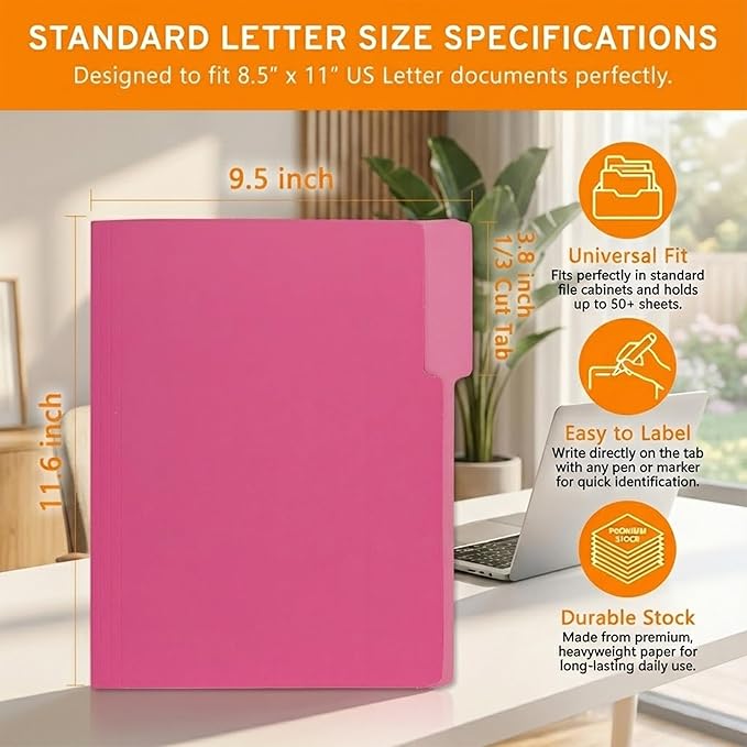 150 Packs Paper File Folder,1/3-Cut Tabs,File Folder Letter Size,8.5x11 Pink File Folders for Office Filing,School Projects and Home,Organizer Folder