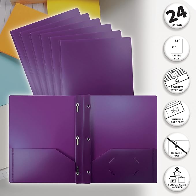 Better Office Products Purple Plastic 2 Pocket Folders with Prongs, Heavyweight, Letter Size Poly Folders, 24 Pack, with 3 Metal Prongs Fastener Clips, Purple